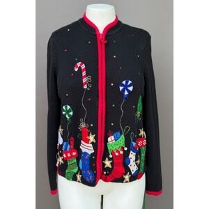 Vintage L Tiara Holiday Sweater Cardigan Zip Up 3D Beads Bells Tacky Christmas